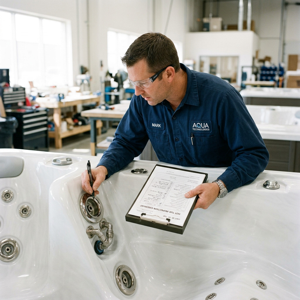 A QCA technician inspecting a finished spa shell and jets