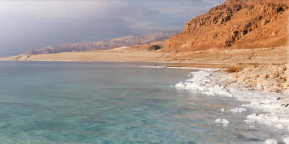 The Dead Sea shoreline with white salt deposits and desert hills