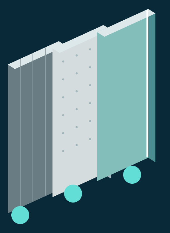 Exploded isometric diagram of the QCA cabinet wall showing three layers: Weather Guard panel, foam and bonded foil, and a one-inch foil-faced interior panel
