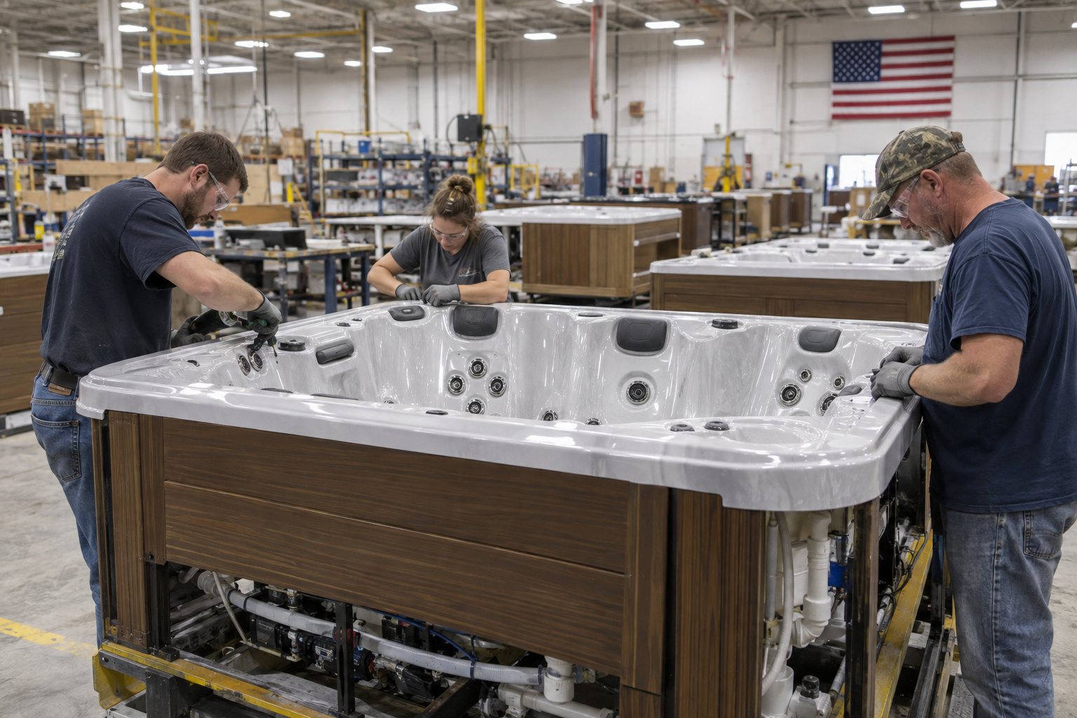 QCA craftsmen assembling a spa on the Iowa factory floor