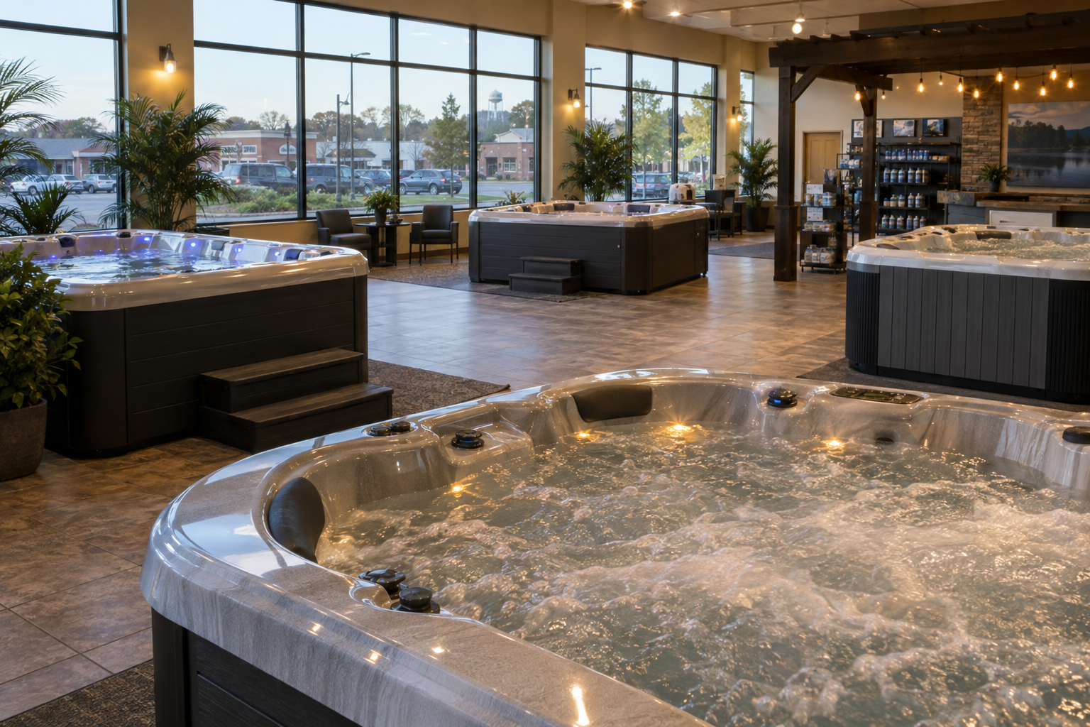 QCA spa showroom with display hot tubs