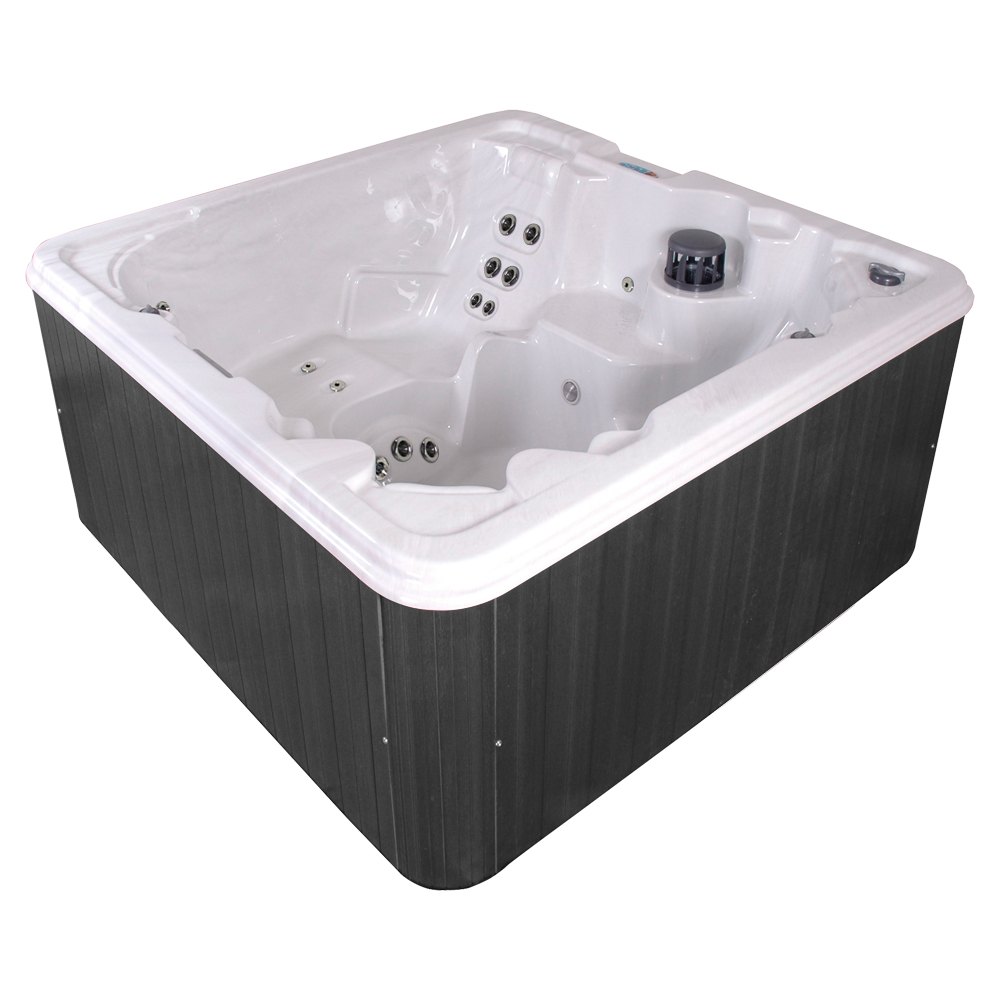 Star Series spa with a white shell and the standard dark gray vertical-slat cabinet